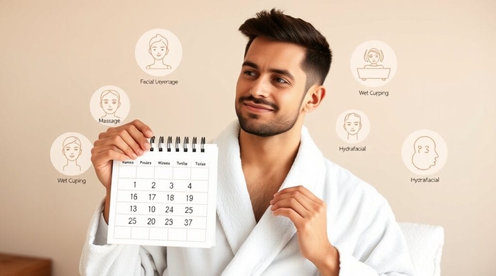 Relaxed man in a spa robe planning med spa appointments, surrounded by treatments like facials, massages, and cupping. Learn how to maximize your med spa membership benefits.