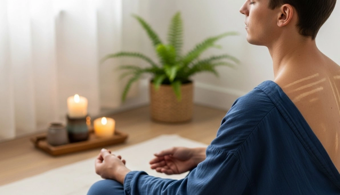 first hijama client in quiet reflection after toxin release session at Soul Detox Brooklyn