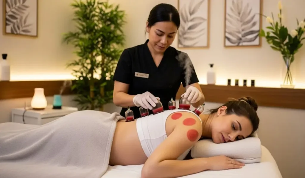 Pregnant woman receiving prenatal cupping therapy on her back and shoulder in at Soul Detox med spa in Brooklyn. A female practitioner carefully applies the cups, with steam visible from some of them.