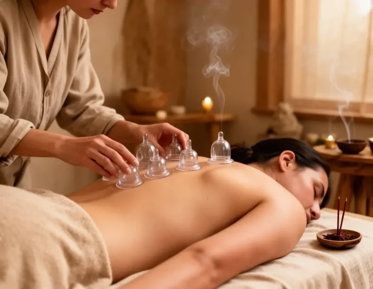A professional practitioner performing hijama wet cupping therapy in a calm holistic wellness setting