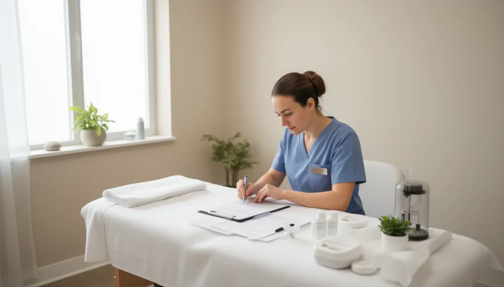 A professional practitioner setting up a hijama wet cupping business in a clean wellness studio