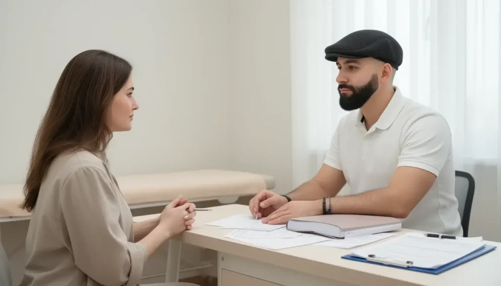 A hijama wet cupping practitioner reviewing consent forms with a client before treatment