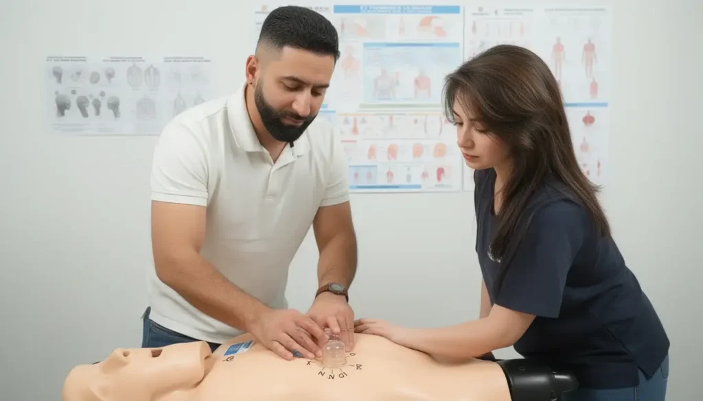 Instructor guiding correct cup placement during professional hijama wet cupping training